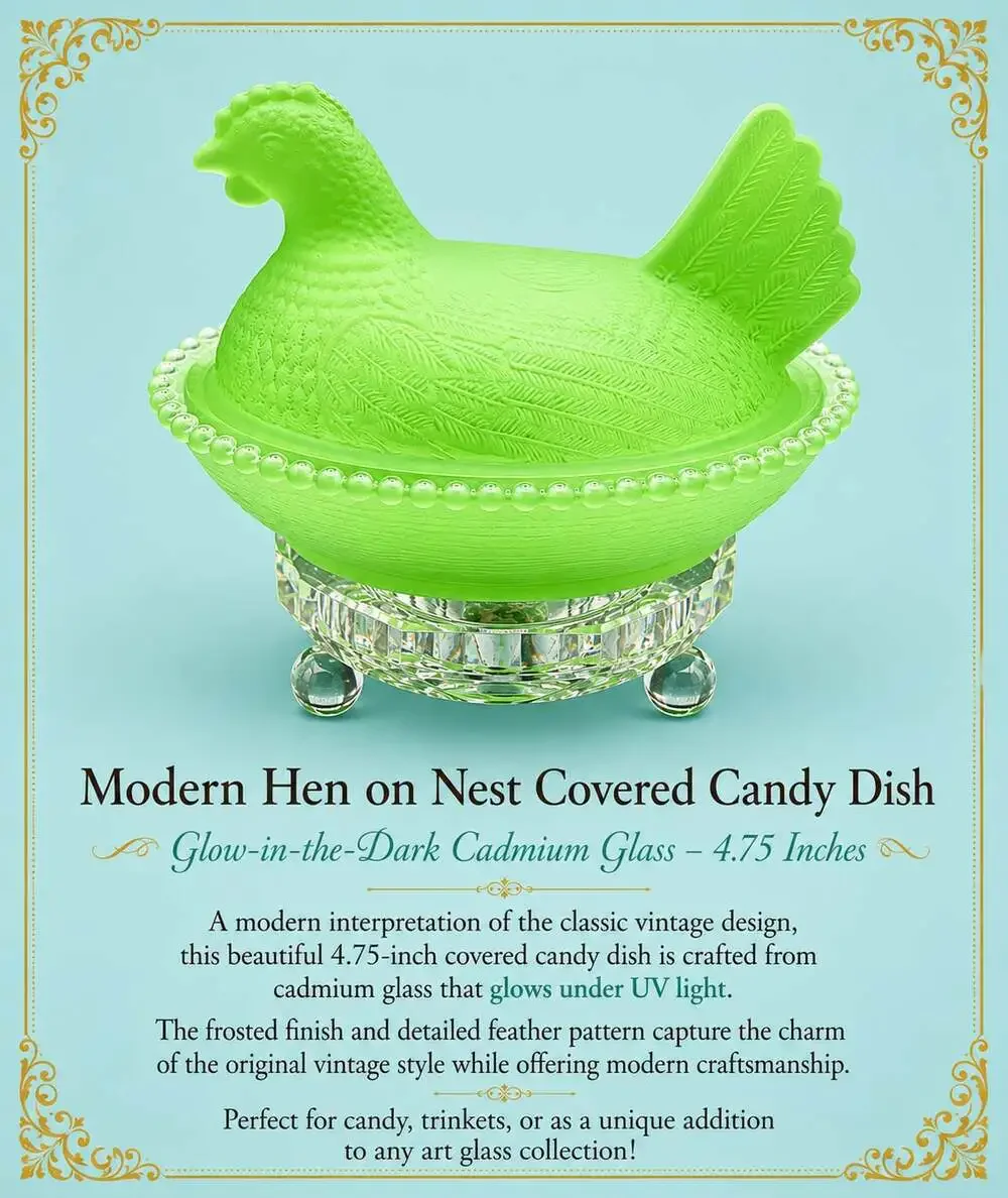 Modern Hen on Nest Covered Candy Dish in Glow-in-the-Dark Cadmium Glass
